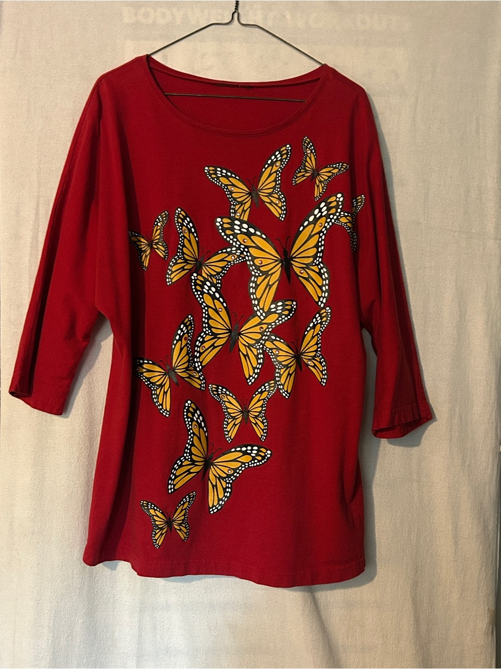 Bob Mackie Red Long Sleeve Top with Yellow Butterfly Print